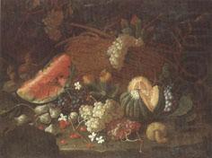 unknow artist Still life of a watermelon,red and white grapes,figs,cherries,mushrooms,a melon,and a basket with vine-leaves,upon a ledge china oil painting image